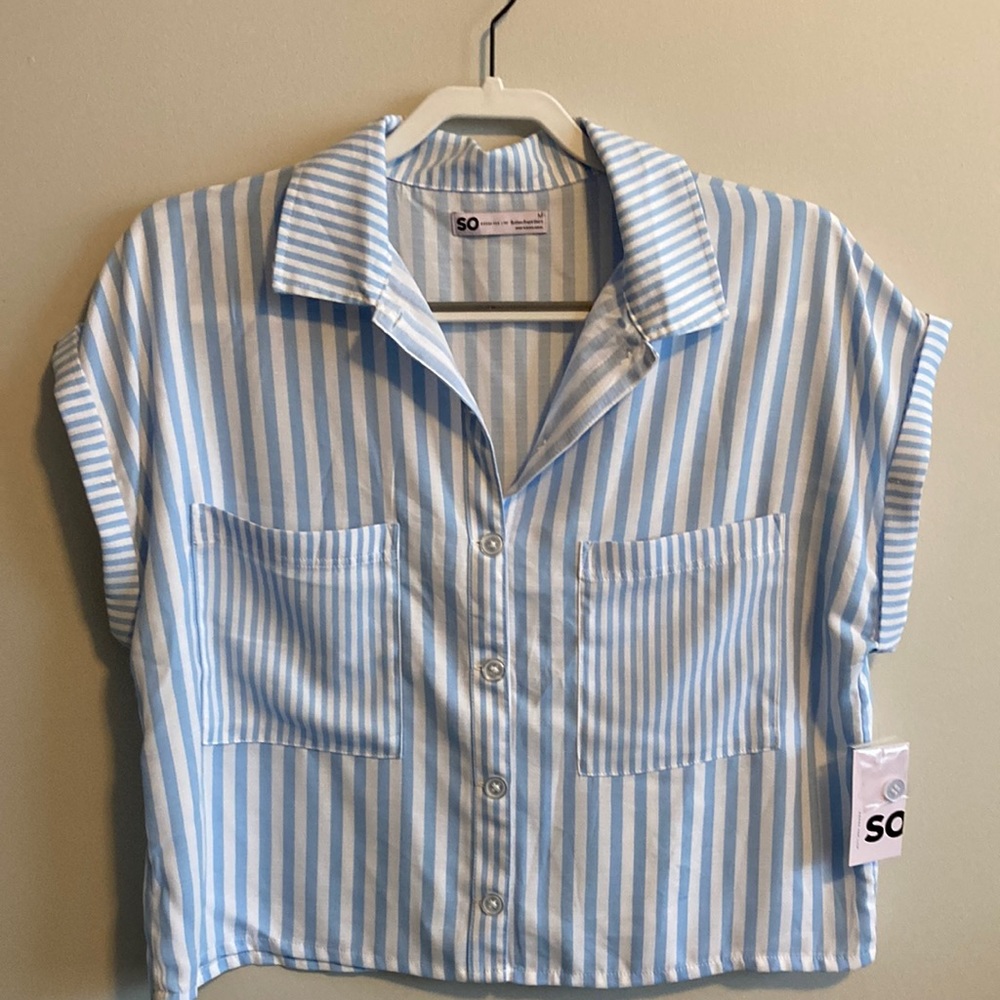 SO women’s blue and white striped button down short sleeve blouse